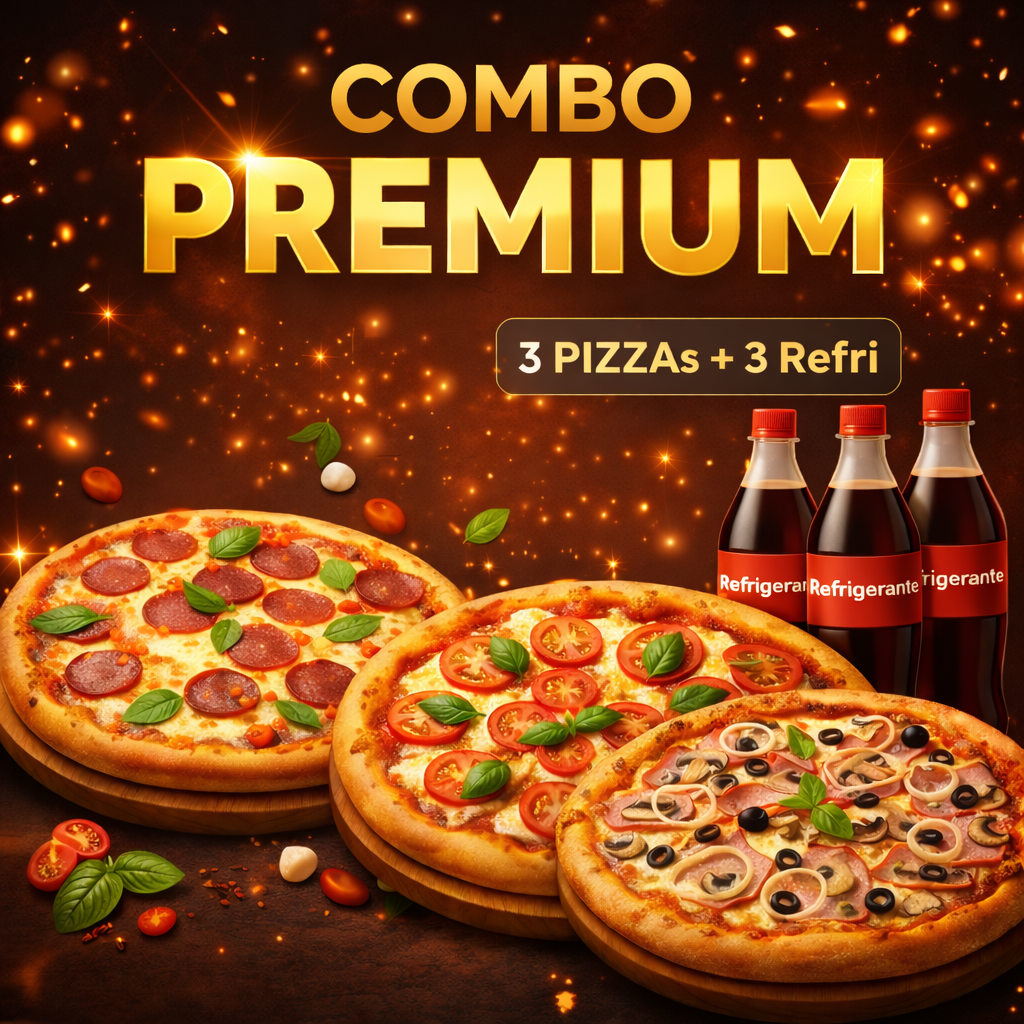 03 Pizzas Gigantes + 3 Refrigerantes 2 Litros
